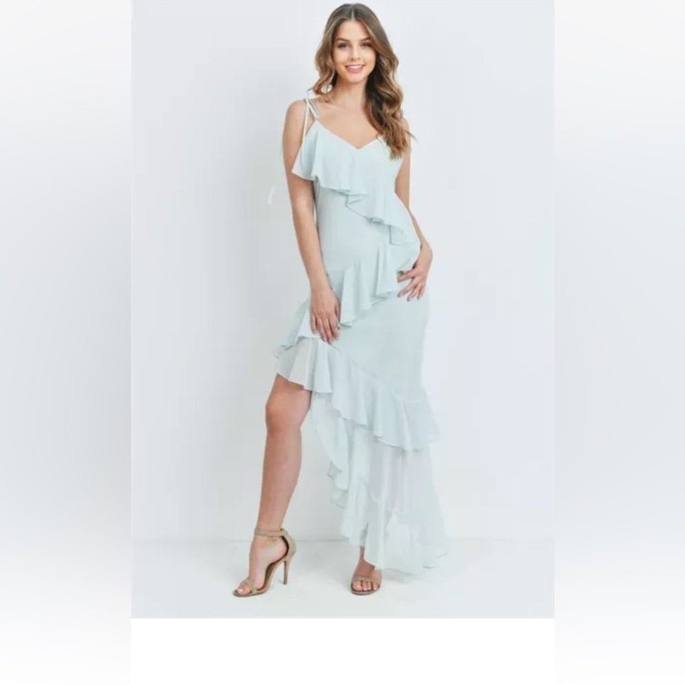 Mint Green Asymmetrical Spaghetti Strap Ruffle Dress